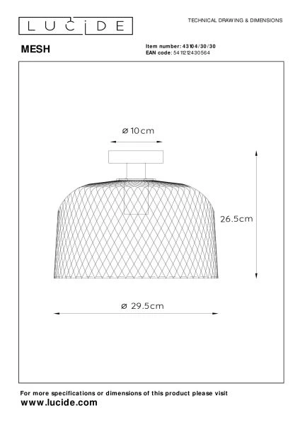 Lucide MESH - Plafonnier - Ø 29,5 cm - 1xE27 - Noir - technique